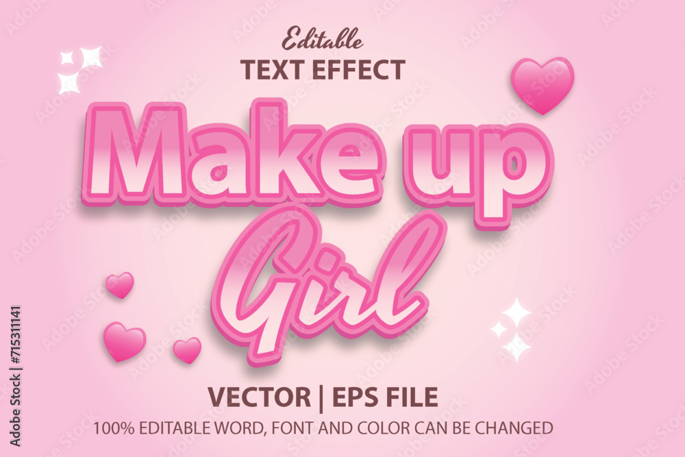 3d vector editable text effect make up girl, typography of female beauty with pink decoration and beautiful and soft colors perfect for logos, headlines or banners for skincare and female beauty.
