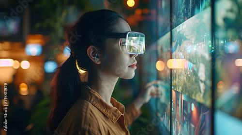 Asian woman using Augmented reality googles or glasses. Latest technologies and technological breakthroughs innovations.  photo