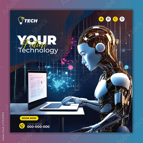Future artificial intelligence social media post square banner templates ai generated