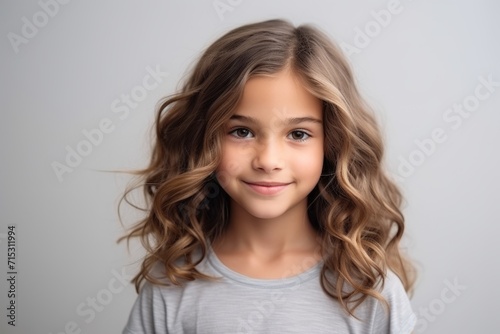 Portrait of a cute little girl with long curly hair over grey background