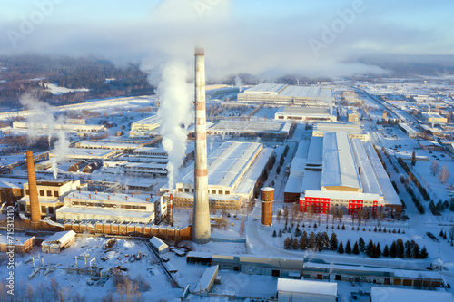 Winter top view of the metallurgical plant and industrial zone
