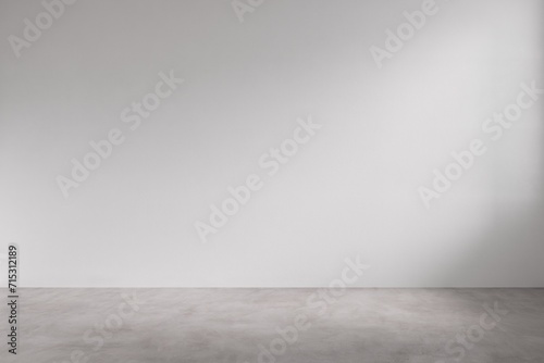 Empty minimalist interior space background with natural light on white wall and polished concrete floor.