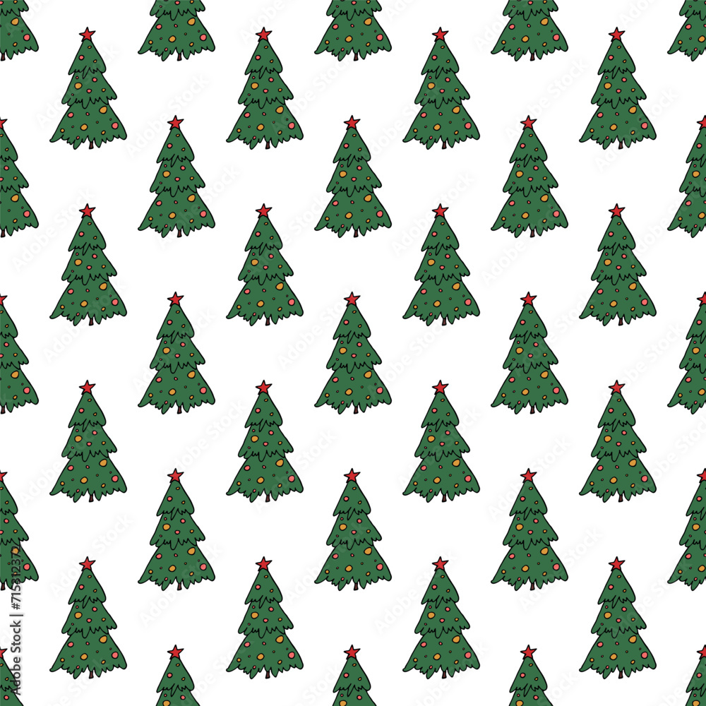 Fototapeta premium Seamless pattern with geometric minimal scandinavian Christmas tree doodle for decorative print, wrapping paper, greeting cards and fabric