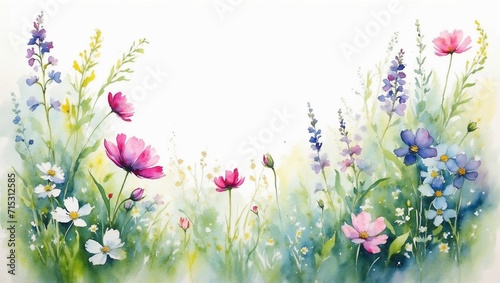 Illustration, postcard, banner: watercolor drawing of a bouquet of meadow flowers with copy space for text.  © Lolik