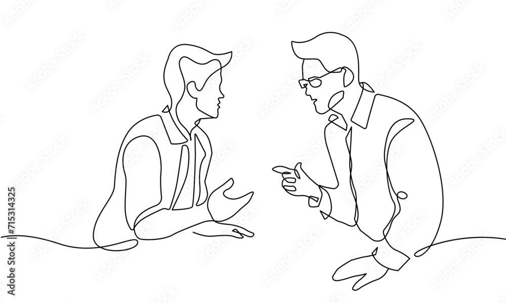 Two Businessmen Talking Continuous One Line Drawing. Discussion Concept