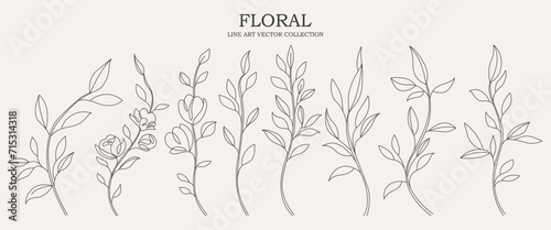 Continuous Line Drawing Set Of Plants Black Sketch of Flowers Isolated on White Background. Flowers One Line Illustration. Minimalist Prints Set. Vector EPS 10.