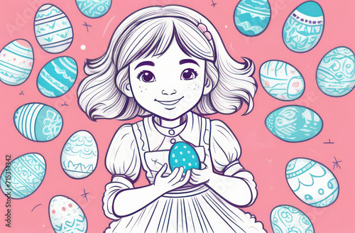 Easter background in soft peach colors. A little girl holds a large Easter egg in her hands. Concept drawing, bw, Easter photo