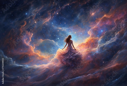 An ethereal, celestial wanderer gracefully glides through a vast nebula, its intricately vivid hues swirling in a cosmic dance. 