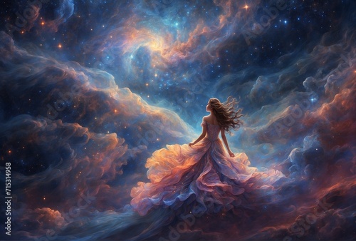 An ethereal, celestial wanderer gracefully glides through a vast nebula, its intricately vivid hues swirling in a cosmic dance.  photo