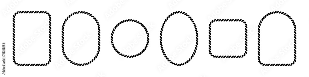 Vector rope frames. Silhouette borders are round, oval and square. Pack of isolated elements on a white background. - obrazy, fototapety, plakaty 