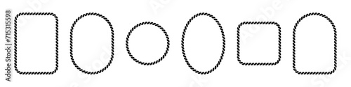 Vector rope frames. Silhouette borders are round, oval and square. Pack of isolated elements on a white background. photo
