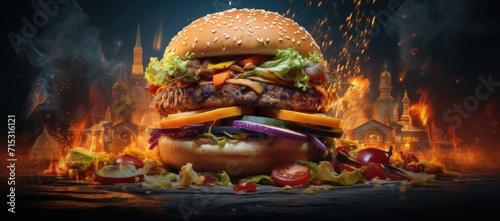 Hamburger showcased against a black backdrop.