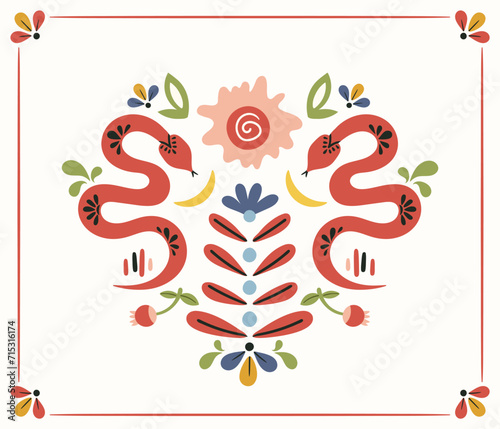Folk ready to use vector print in Scandinavian style, hygge isolated design on white. Composition with mirrored symmetrical snakes and flowers. The scandi folk floral motif