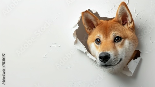 Shiba inu dog poking head out of a hole in the paper wall , white background photo