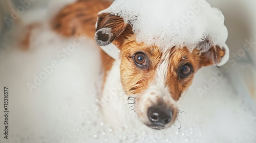 A dog's amusing portrait features it showering with shampoo, taking a comical bubble bath, Ai Generated.
