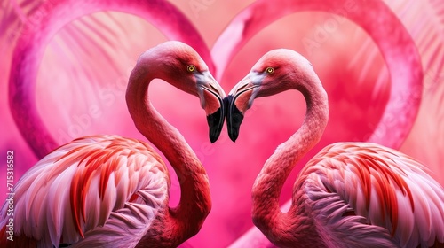 Two flamingos face each other against a heart-shaped background, creating a romantic Valentine's Day scene, Ai Generated.