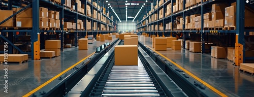 An automated logistics concept illustrated by a conveyor belt in a distribution warehouse, with rows of cardboard box packages for e-commerce delivery. photo
