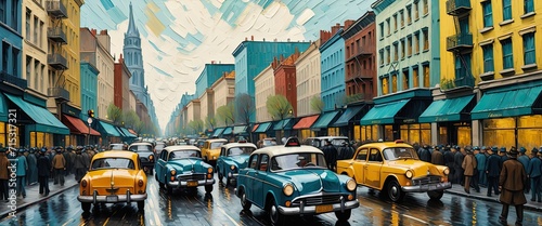 a painting about the hustle and bustle of an urban city full of vehicles and traffic