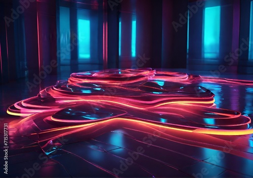 3d render. Abstract neon background. Fluorescent ines glowing in the dark room with floor reflection. Virtual dynamic ribbon. Fantastic panoramic wallpaper. Energy concept. Illustrations 01. photo