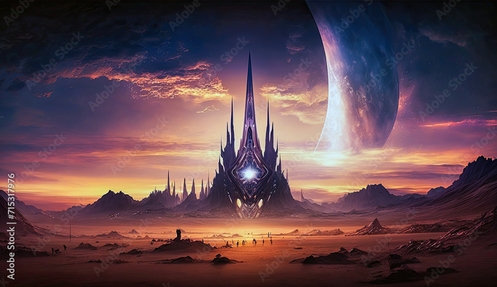Alien landscape with a towering spire against a giant planet backdrop at dawn, embodying a surreal and futuristic world - obrazy, fototapety, plakaty 