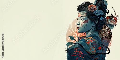 Artistic illustration of a Japanese woman with a dragon tattoo and floral hair adornments, evoking traditional culture