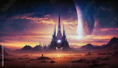Fotografia Alien landscape with a towering spire against a giant planet backdrop at dawn, e