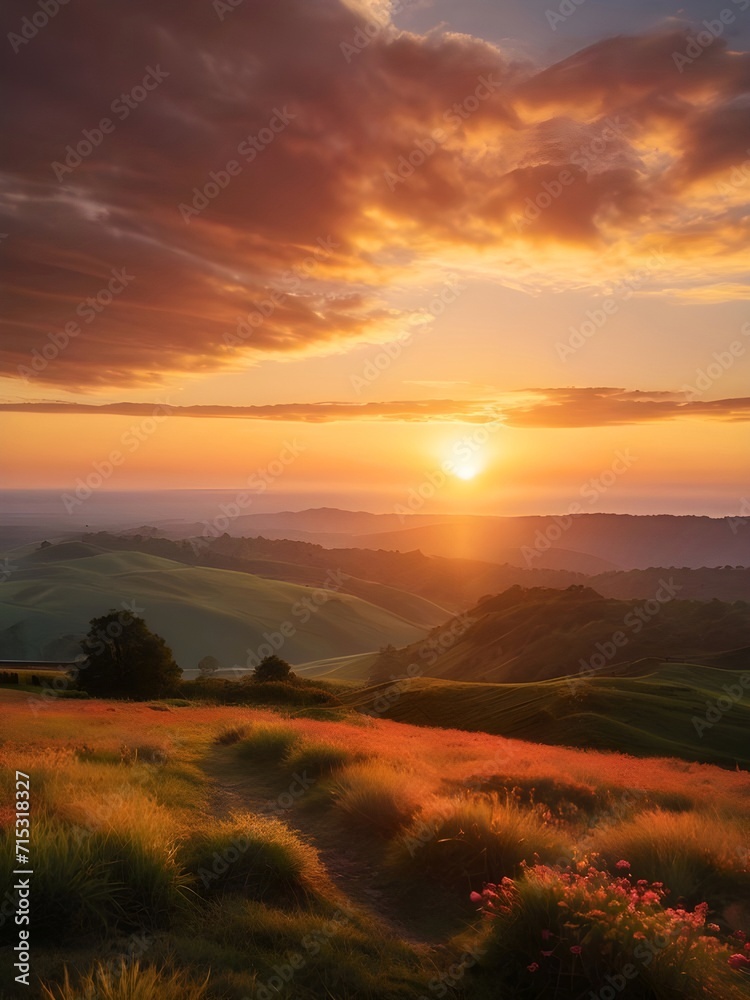 Beautiful scene of golden sunset casting a warm glow on serene rolling hills. Mountain landscape for wallpaper, template, artwork