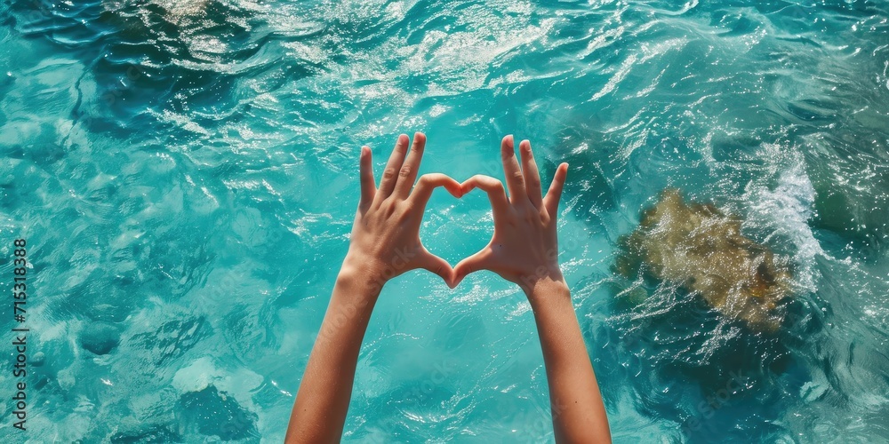 Female hands in the shape of a heart on the background of the sea.