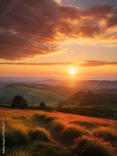 Beautiful scene of golden sunset casting a warm glow on serene rolling hills. Mountain landscape for wallpaper, template, artwork