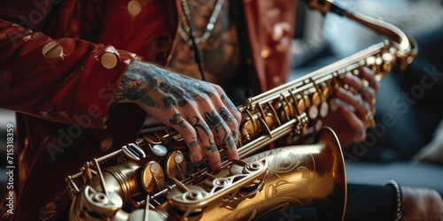 Сropped view of musician with tattoos playing saxophone on stage, closeup