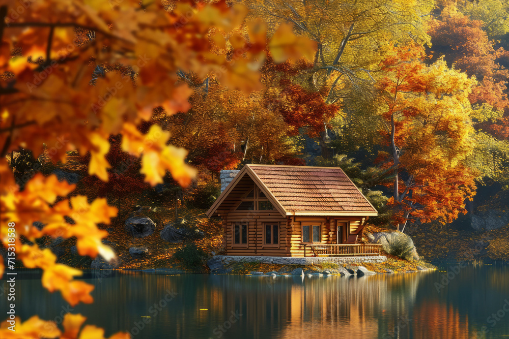 A cozy autumn cabin surrounded by fall foliage, with a view of a tranquil lake. AI generative A cozy autumn cabin surrounded by fall foliage, with a view of a tranquil lake. AI generative