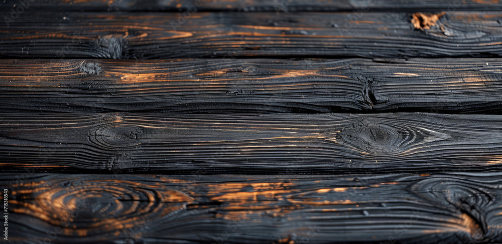 Naklejka premium Dark stained reclaimed wood surface with aged burnt boards lined up. Charred wooden floor planks with grain and texture. Generative AI.