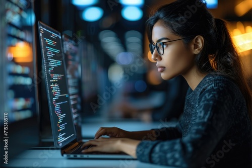 Indian woman working as a software developer. Female developer with a laptop, lines of code on a computer screen blurred. Generative AI. photo