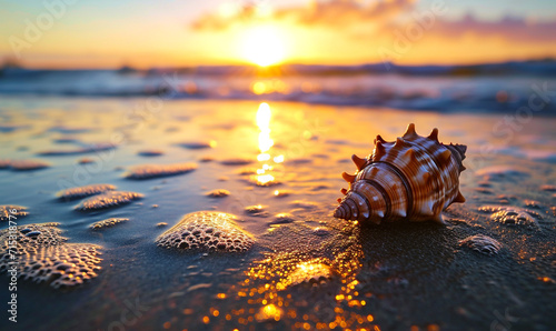 Muschel am Strand im Sonnenuntergang