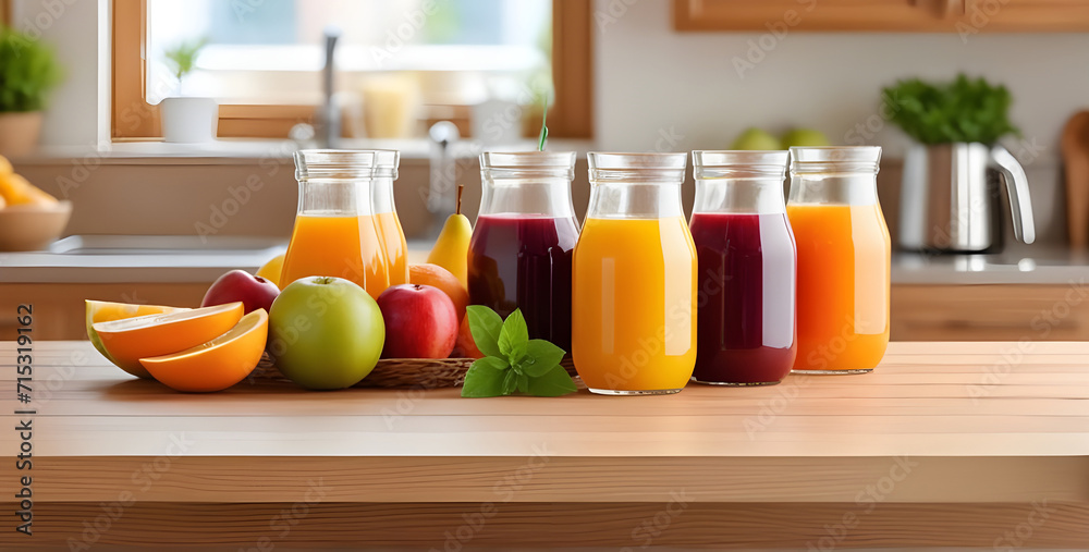fruits and juice on wooden tabletop counter. in front of bright out of focus kitchen. fruits and juice on wooden tabletop counter. in front of bright out of focus kitchen.