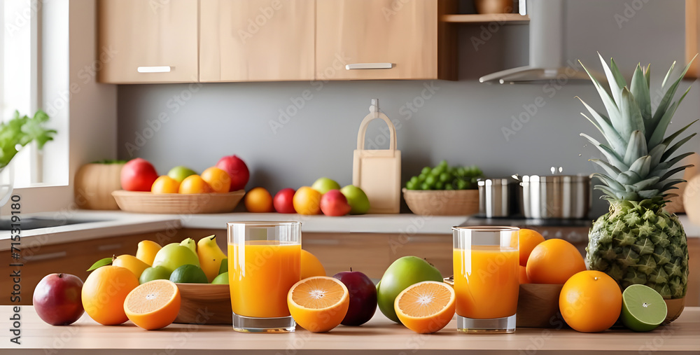 fruits and juice on wooden tabletop counter. in front of bright out of focus kitchen. fruits and juice on wooden tabletop counter. in front of bright out of focus kitchen.