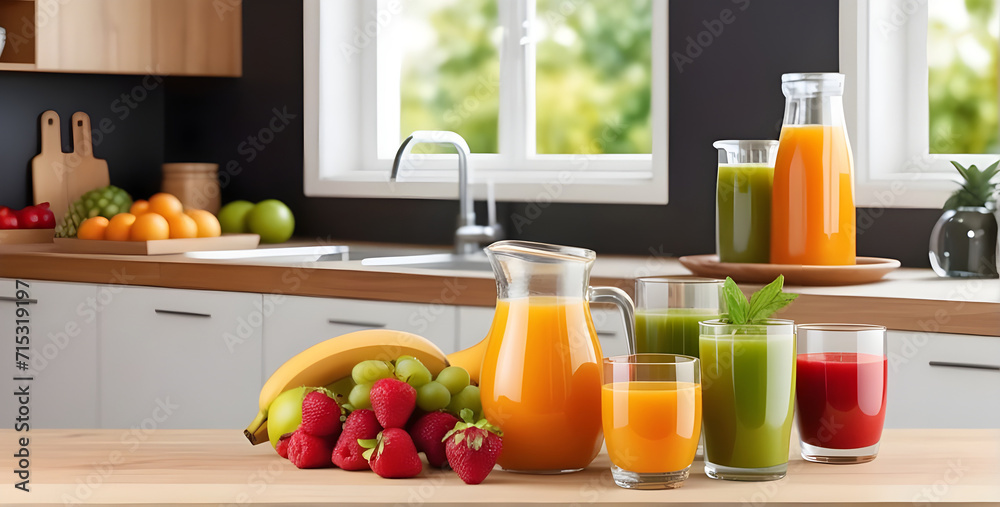 fruits and juice on wooden tabletop counter. in front of bright out of focus kitchen. fruits and juice on wooden tabletop counter. in front of bright out of focus kitchen.