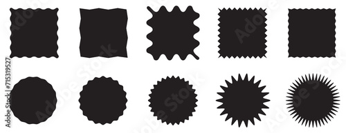 Zig zag edge square and circle shapes collection. Jagged patches set. Black graphic design elements for decoration, banner, poster, template, sticker, badge, collage. Vector photo