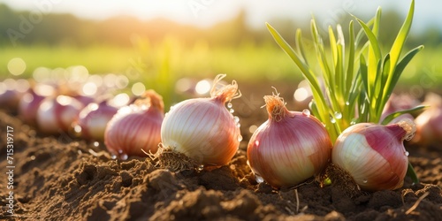 Organic red onion close-up on the field, eco-friendly products. Generative AI
