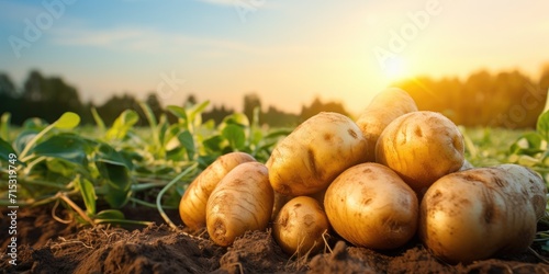 Fresh organic potatoes on the field, eco-friendly products
