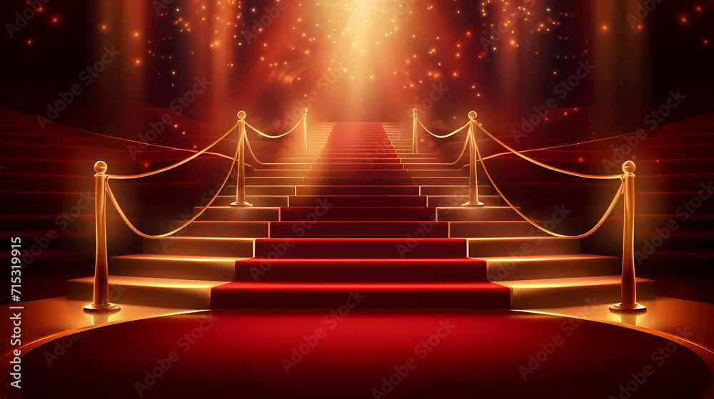 Red carpet staircase with smoke and spotlights, holiday awards ceremony event Red carpet staircase with smoke and spotlights, holiday awards ceremony event