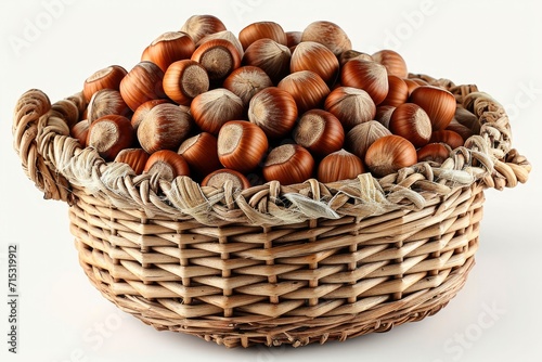 A basket of hazelnuts isolated on white background. Generative AI.