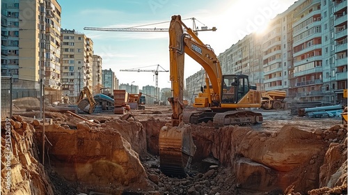 Excavators preparing for laying building foundation, construction site of real estate project. Generative AI.