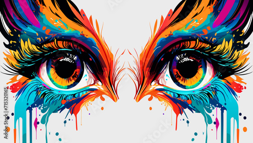 Beautiful woman's face with captivating eyes, adorned with colorful makeup and eyelashes, in a stylish and artistic illustration photo