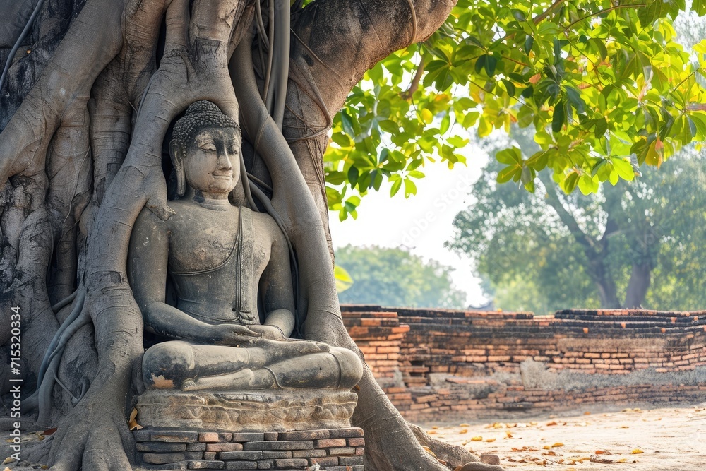 Ancient buddha statue under big tree.