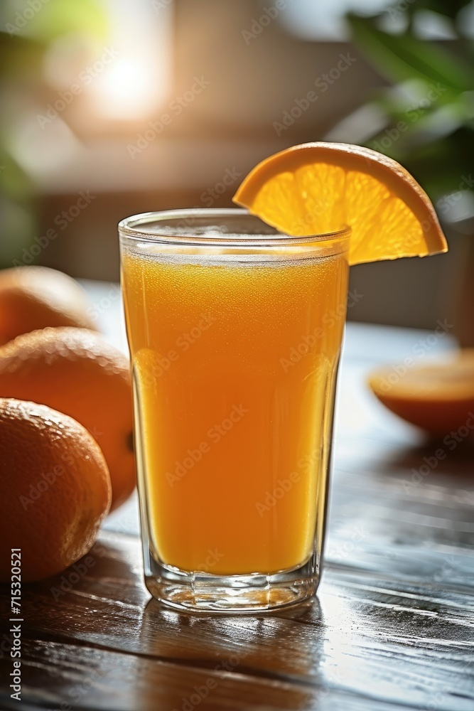 A glass of fresh orange juice in a fine glass. Generative AI. A glass of fresh orange juice in a fine glass. Generative AI.