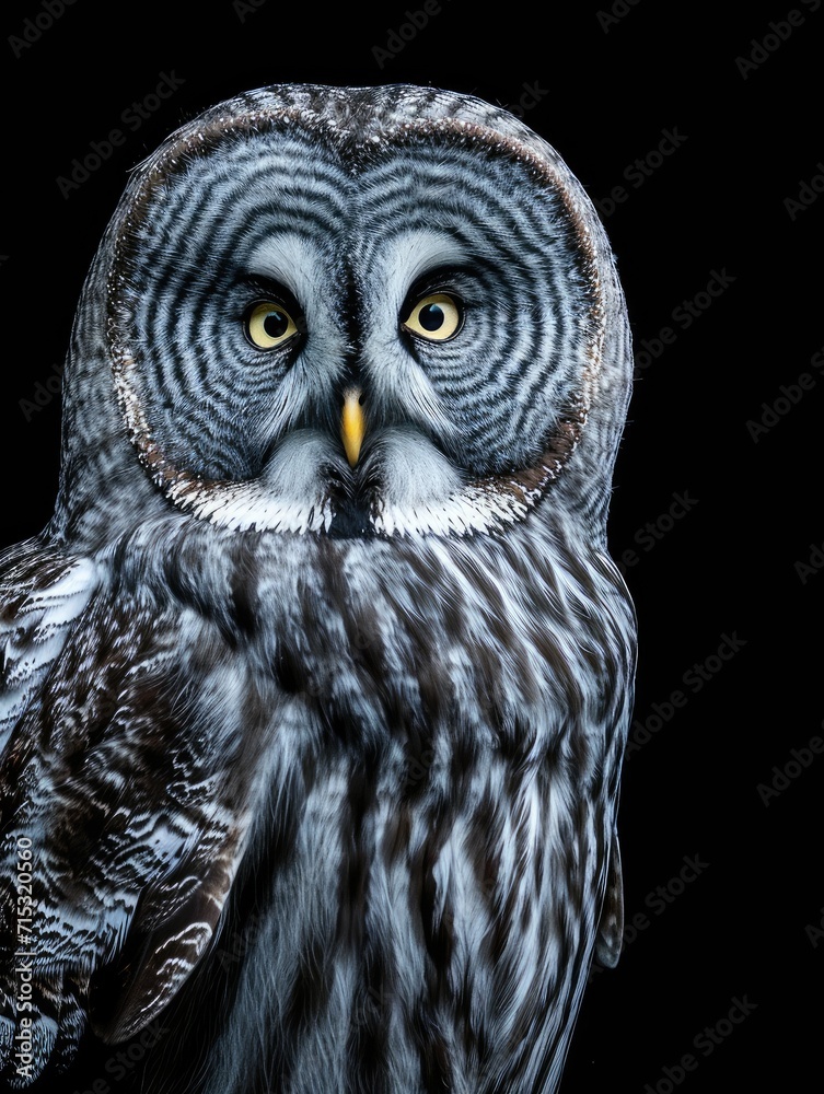 Great grey owl Strix nebulosa isolated of black background Great grey owl Strix nebulosa isolated of black background