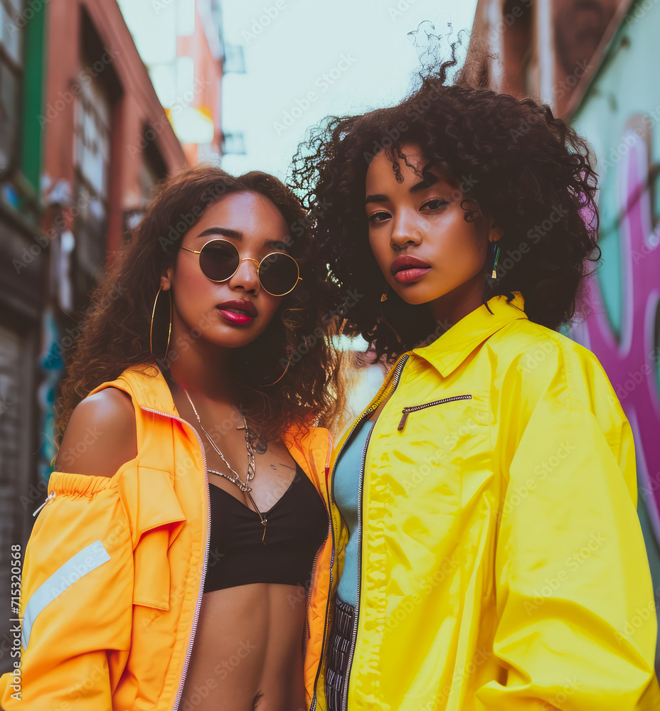 Young beautiful modern urban girls in fashion sport underground street outfit ready to have fun at neon club party. Young beautiful modern urban girls in fashion sport underground street outfit ready to have fun at neon club party.
