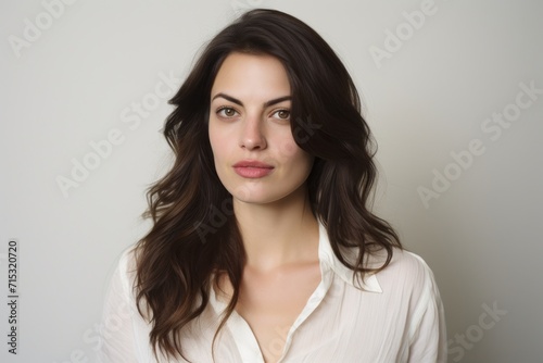 Portrait of a beautiful young woman in a white shirt on a gray background