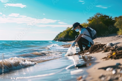 Volunteer cleans up a beautiful beach from plastic trash. Environmental conservation